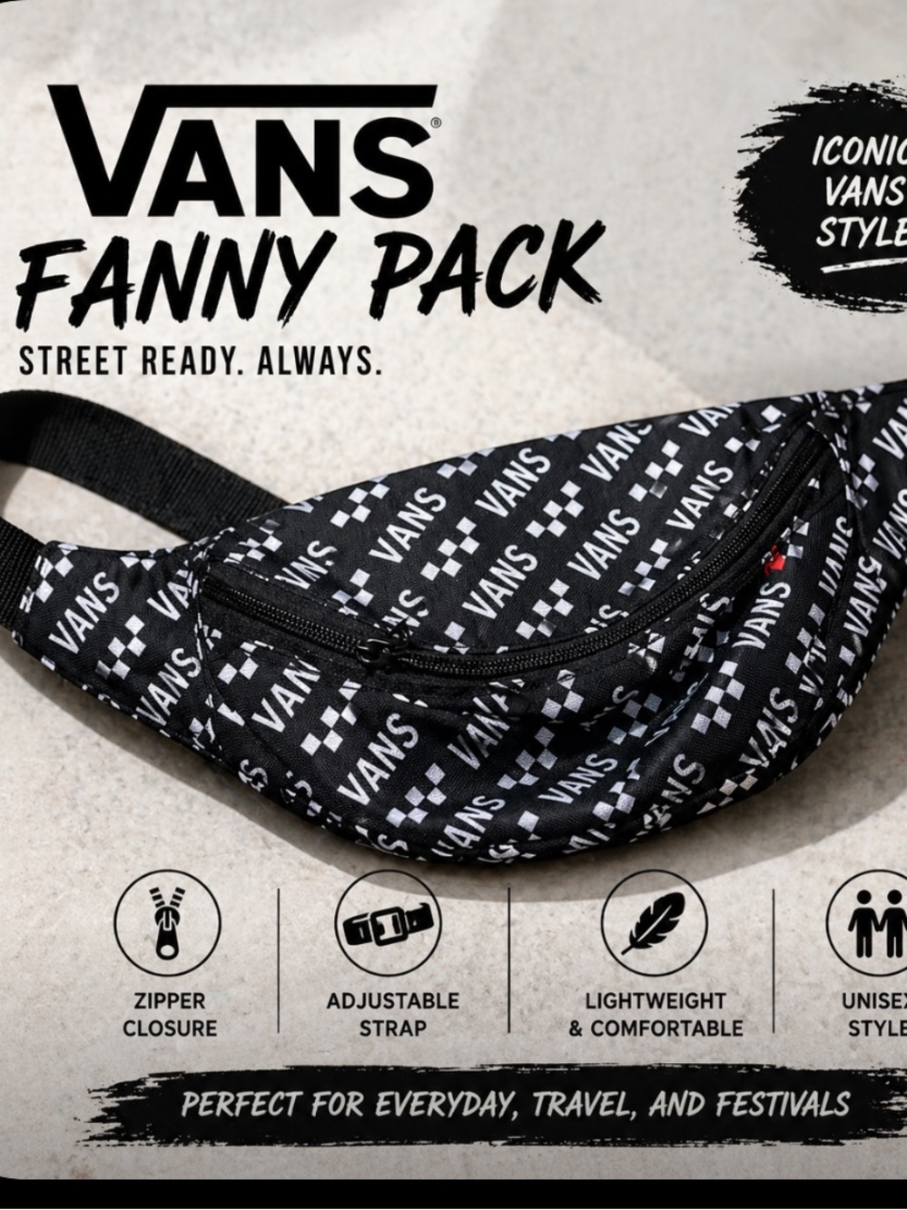 Vans Black Logo Fanny Pack Belt Bag Streetwear
